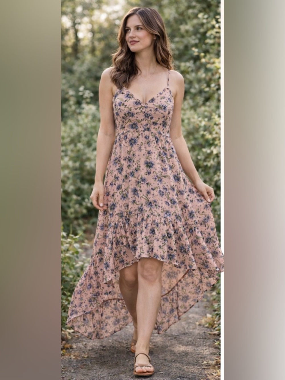 201 Jessica Simpson Yasmin Pink Floral Hi Low Maxi Dress XS Cottagecore Ruffles